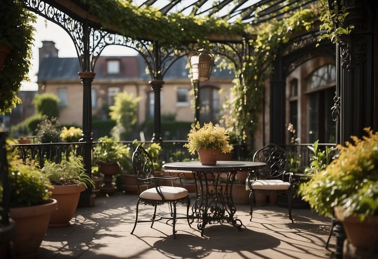 A Victorian-era patio with ornate wrought iron furniture, potted plants, and a vintage chandelier hanging from the pergola