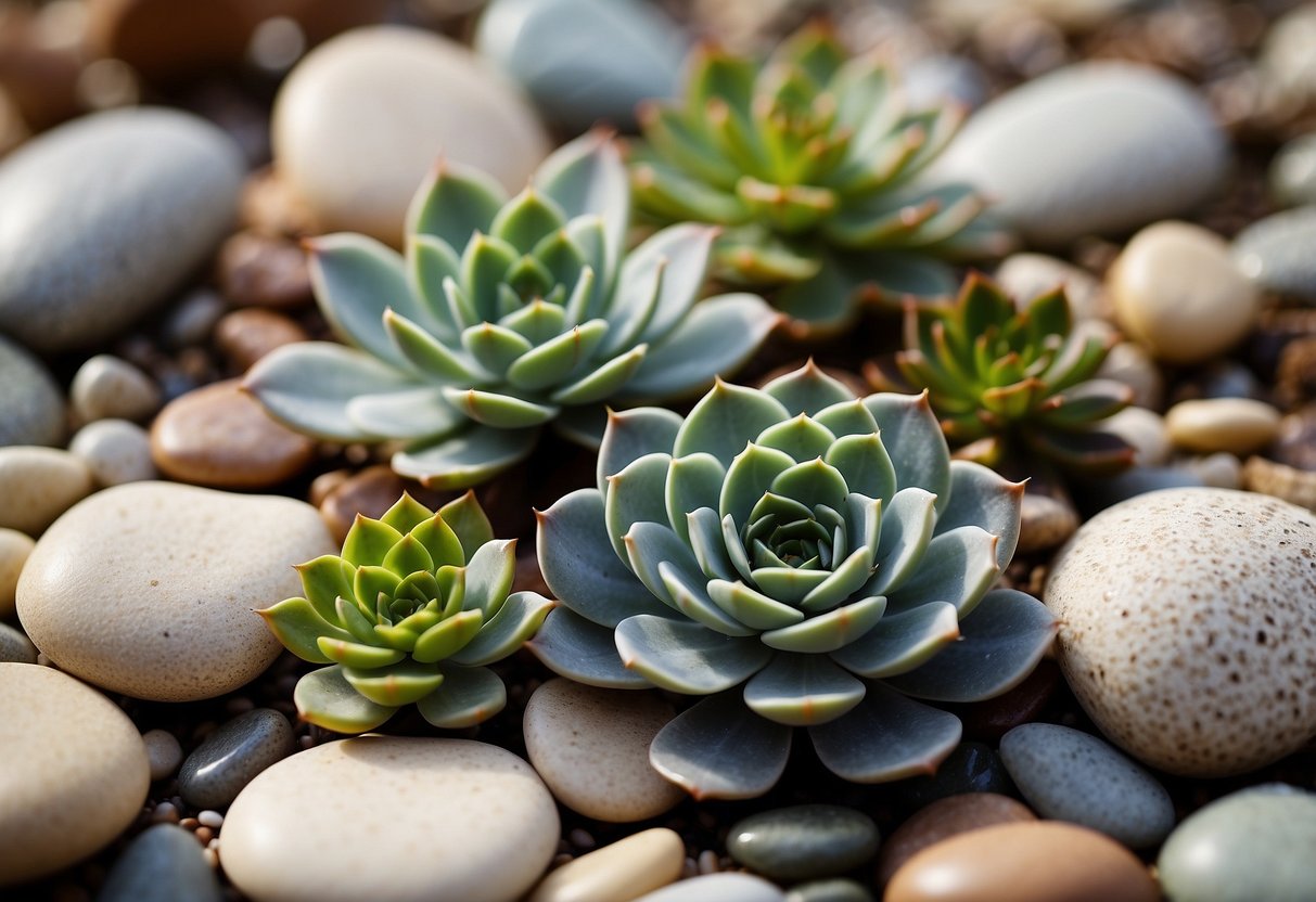 A succulent garden sits atop a bed of smooth white pebbles, with various types of succulents arranged in a pleasing and harmonious pattern