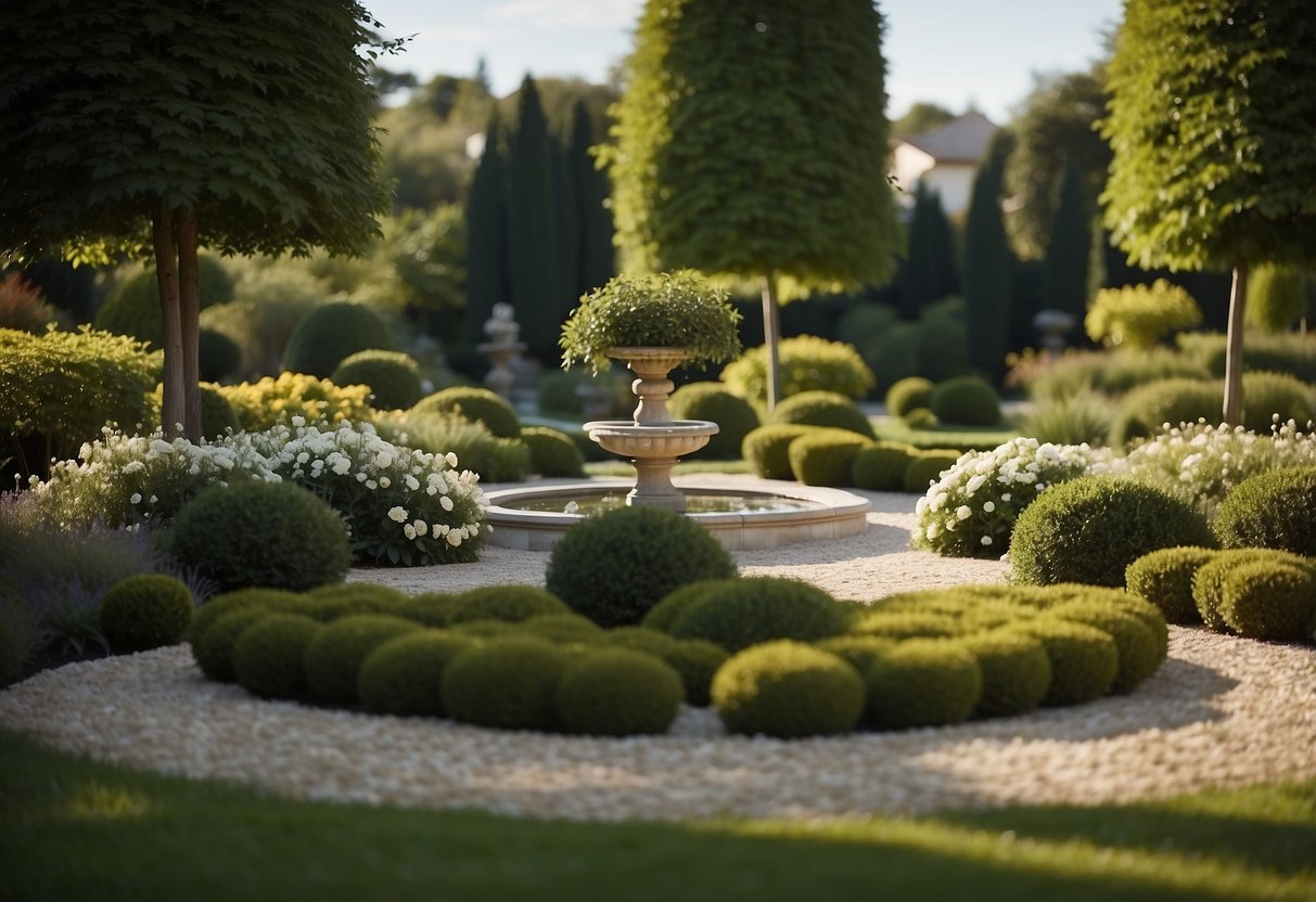 A serene garden with a white pebble water feature surrounded by elegant landscaping