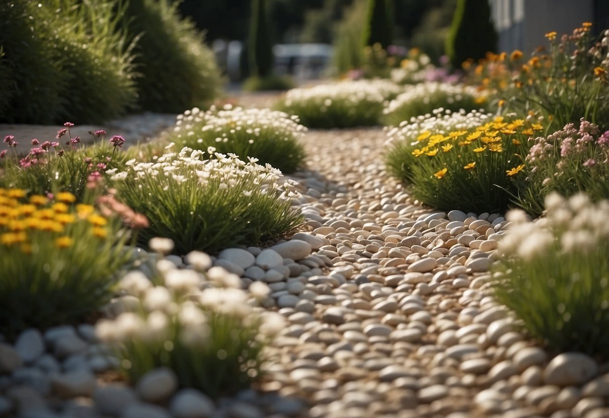 A flower bed borders a path, filled with white pebbles