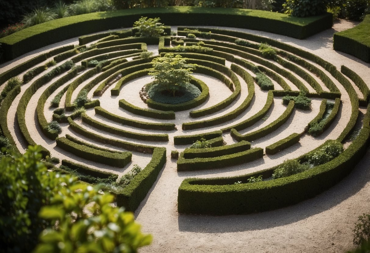 A peaceful garden labyrinth with winding paths of white pebbles