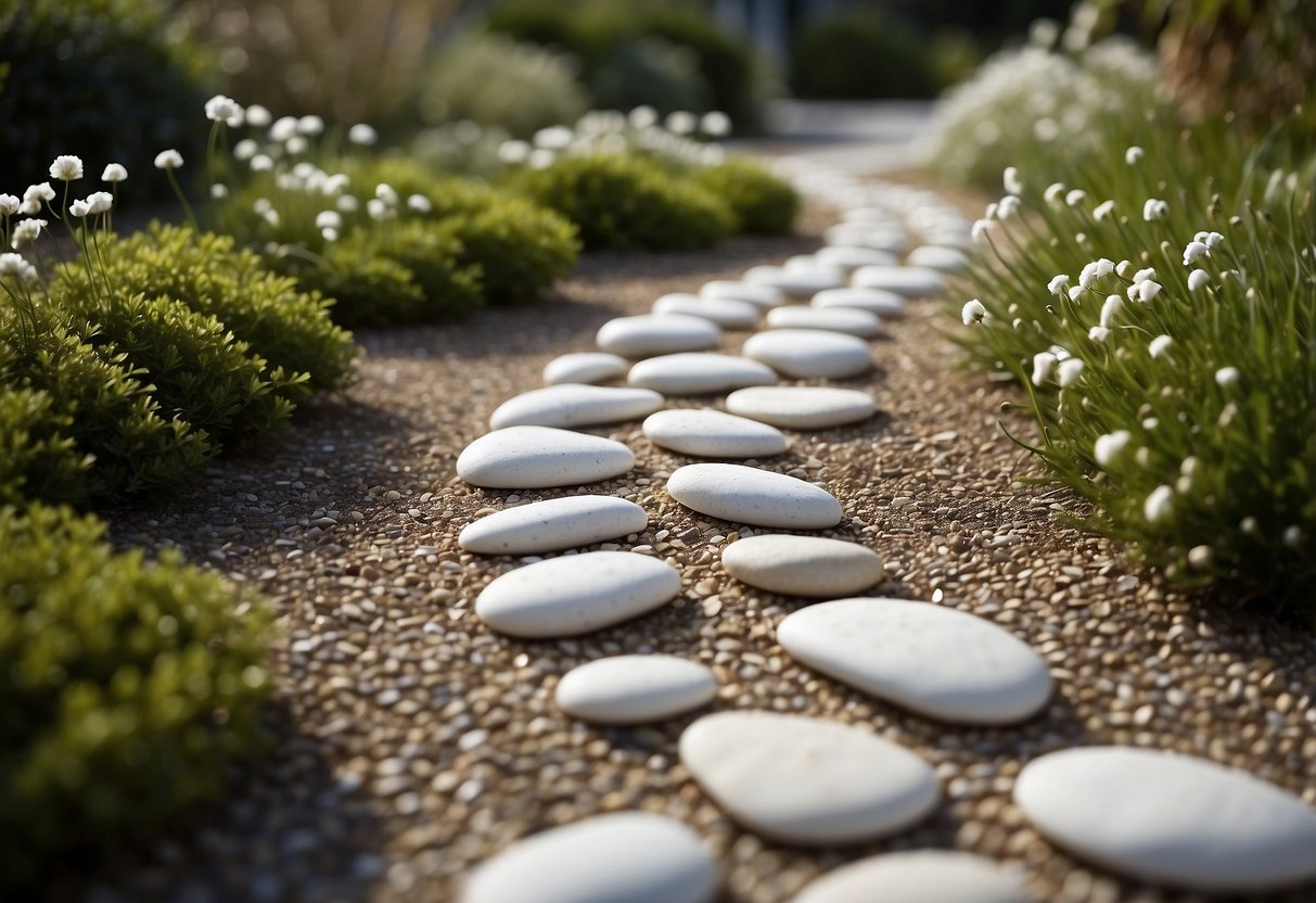 A garden path winds through a mosaic of white pebbles, creating a serene and elegant garden art display