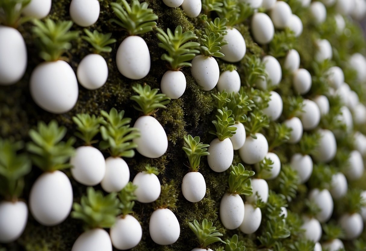 A vertical garden with white pebble base, plants cascading down, surrounded by white pebbles