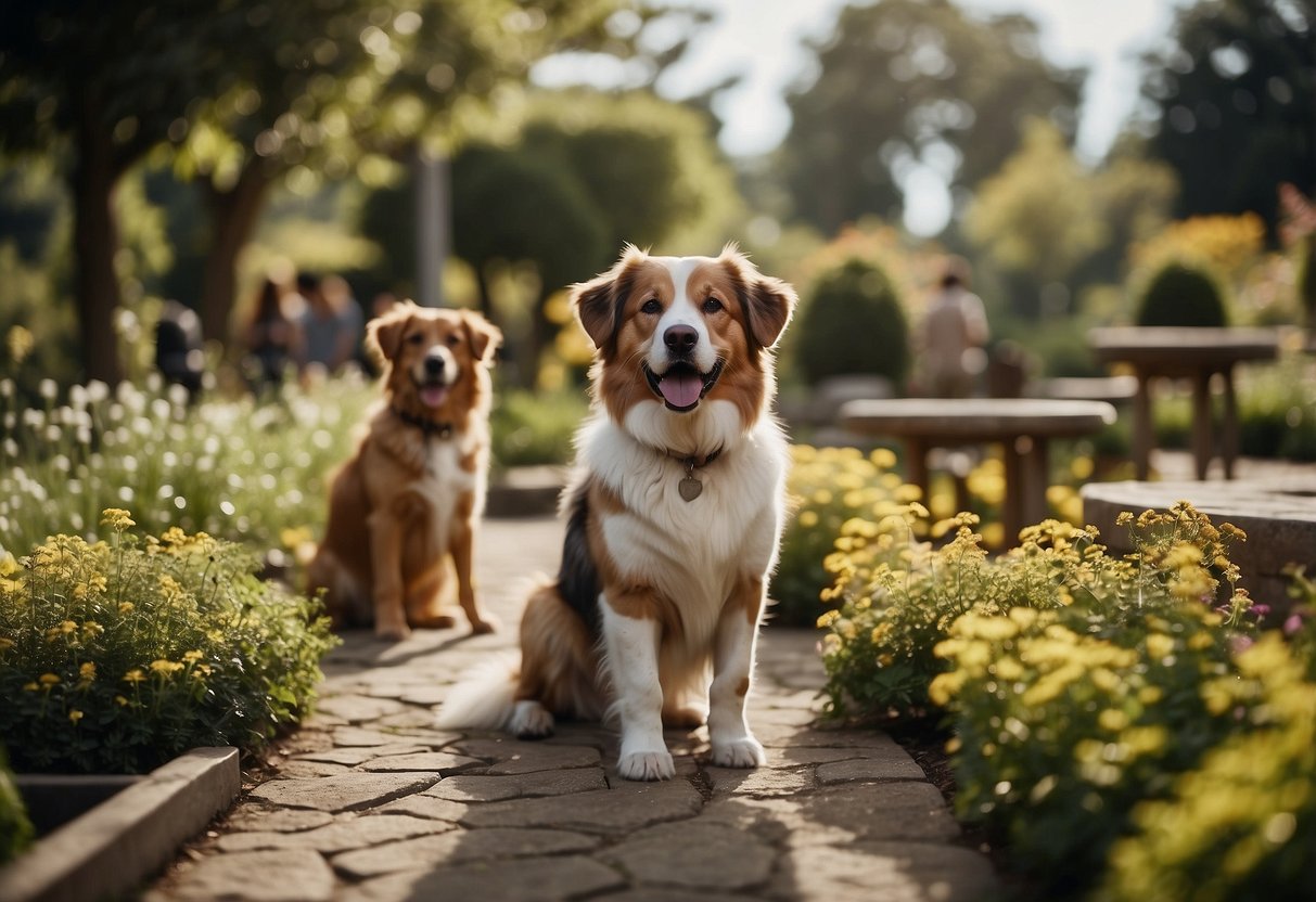 Dogs happily roam on winding paths through a garden filled with designated play areas, water features, and shady spots for resting