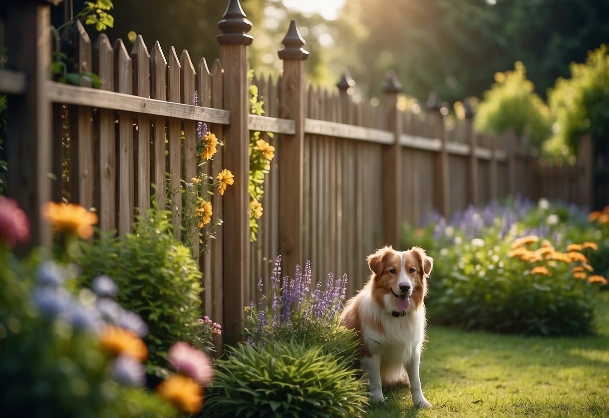 A sturdy wooden fence surrounds a lush garden, with a gate secured by a lock. Dog toys and a water bowl are placed in a designated area, and colorful plants and flowers line the perimeter