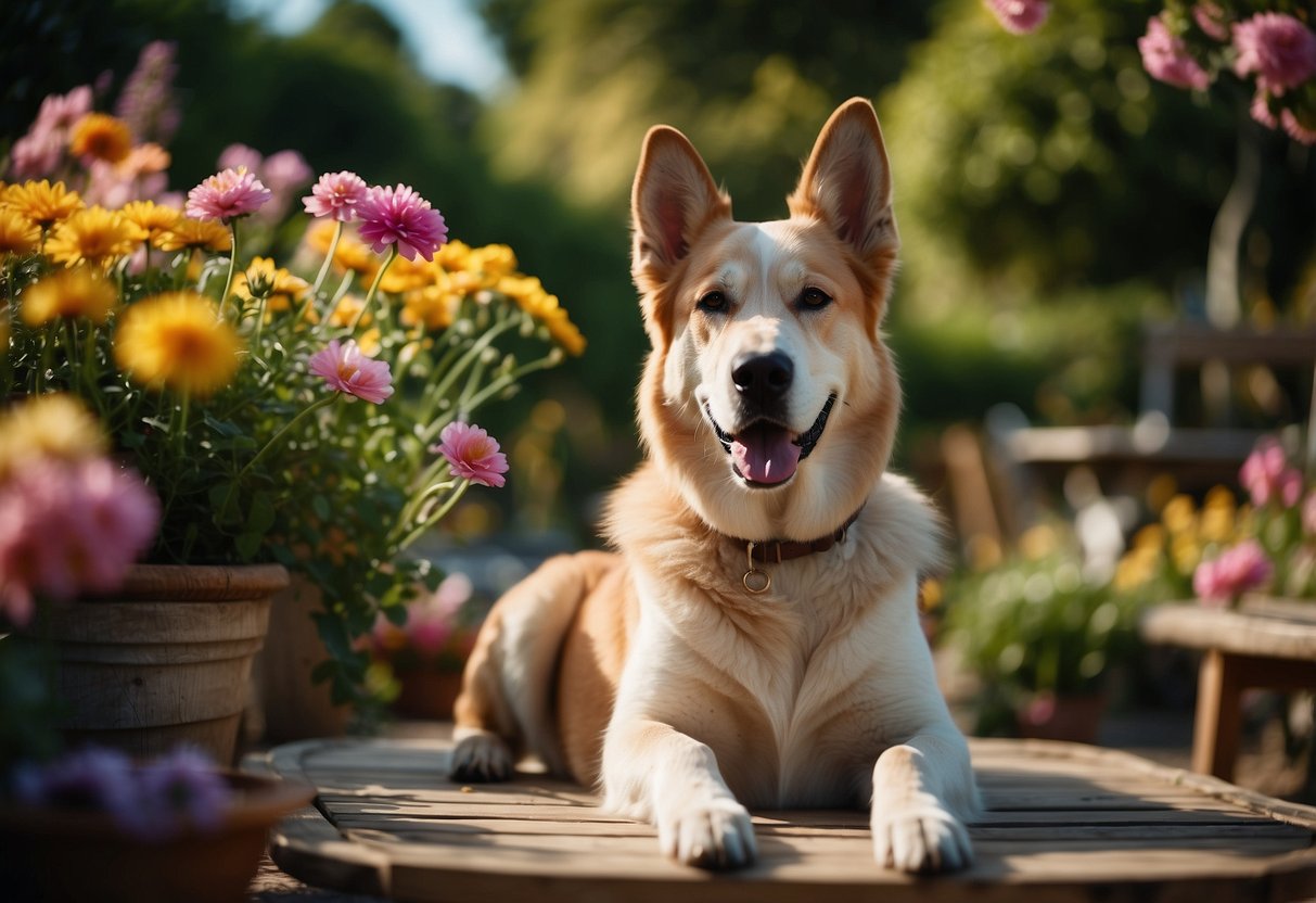 A sturdy wooden table and chairs sit in a lush garden, surrounded by colorful flowers and greenery. A large, happy dog lounges on a chew-proof bed nearby