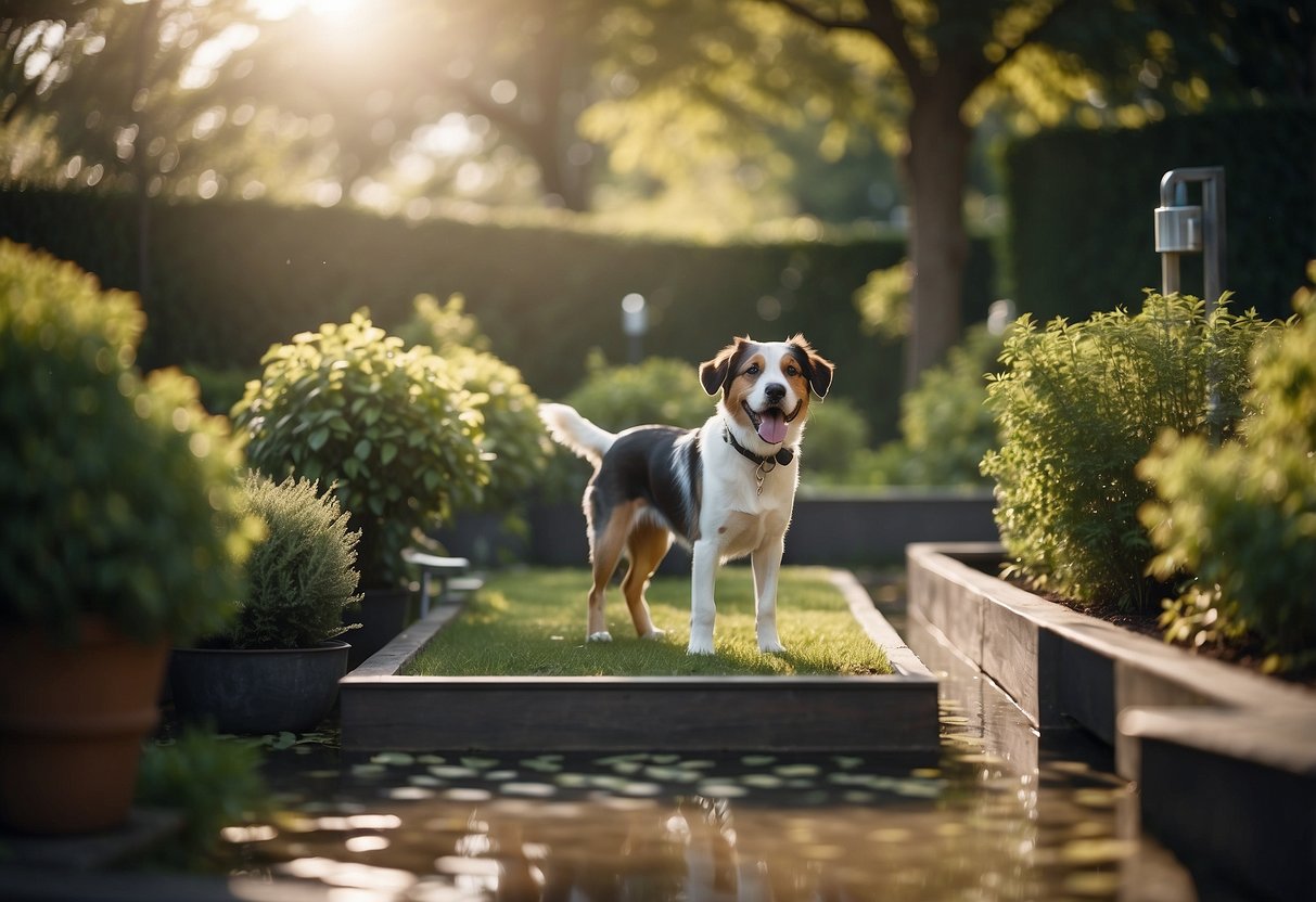 A garden with shaded areas and water stations for dogs