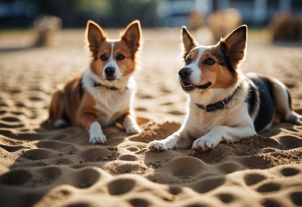 Dogs digging in sand garden zones, scattered toys and bones