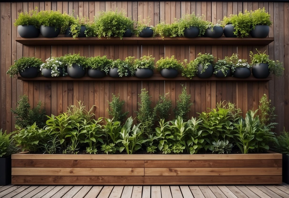 A vertical planter wall garden with decking and slabs