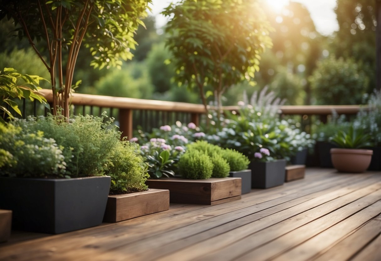 A wooden composite deck with lush garden plants and stone slabs