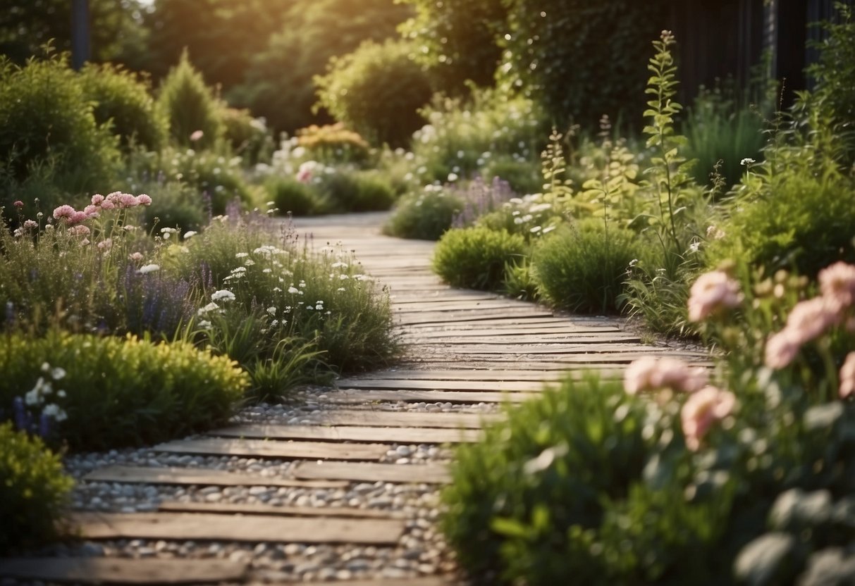 A gravel path winds through a garden, bordered by wooden decking and stone slabs. Lush greenery and vibrant flowers line the edges