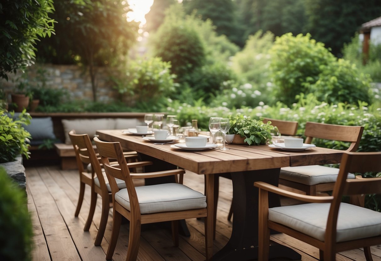 A cozy outdoor dining set sits on a wooden deck surrounded by lush greenery and stone slabs, creating a tranquil garden dining area