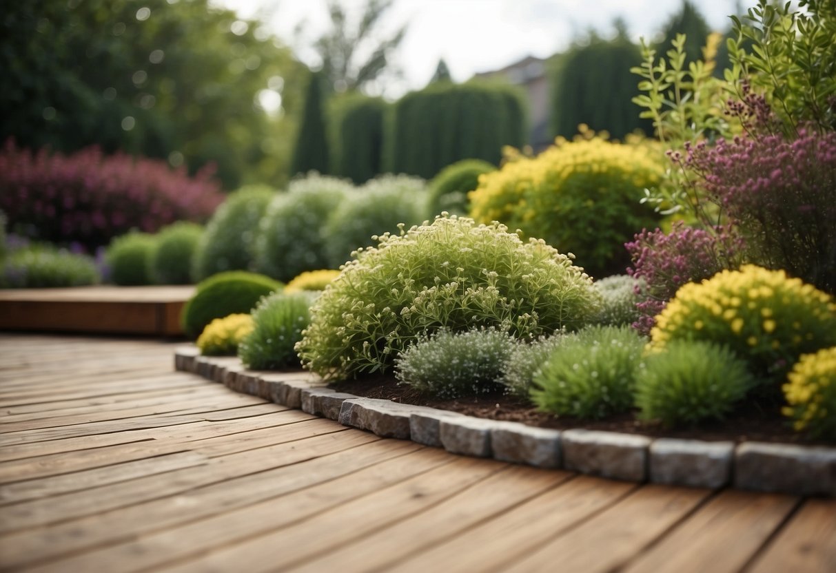 A garden with low maintenance shrubs, wooden decking, and stone slabs