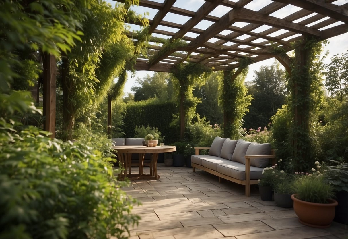 A pergola covered in lush creepers overlooks a garden with decking and slabs