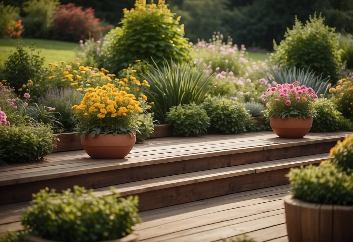 A garden with built-in planter benches, decking, and slabs. Planters filled with colorful flowers, surrounded by lush greenery