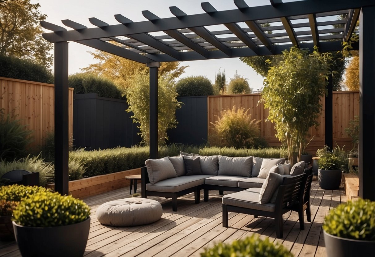 A modern black pergola stands in a garden, with lounge seating underneath. The wooden structure provides a stylish and comfortable outdoor space