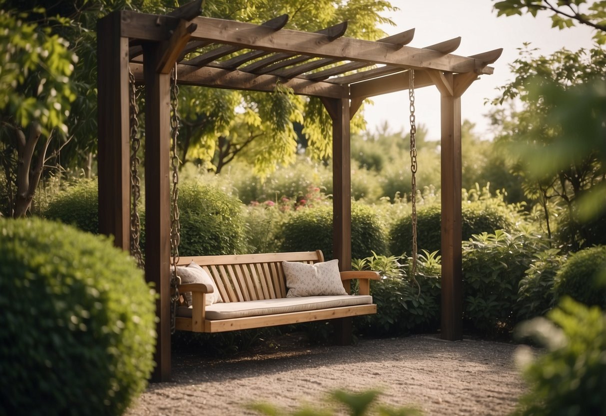 A wooden pergola stands in a lush garden, with a built-in bench swing hanging from its beams