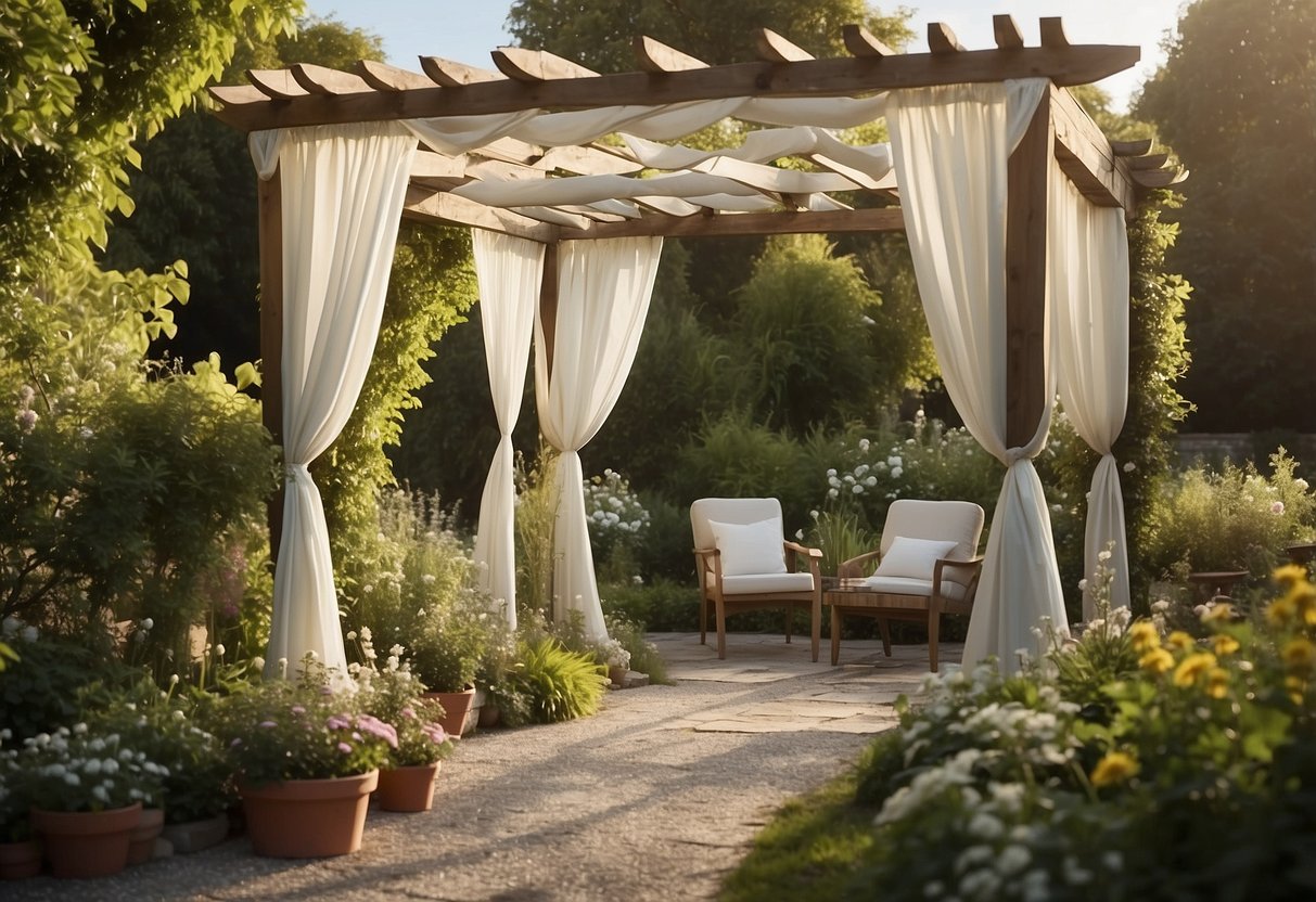 A classic white pergola stands in a lush garden, draped with flowing curtains. Wood beams create a picturesque scene for an illustrator to recreate