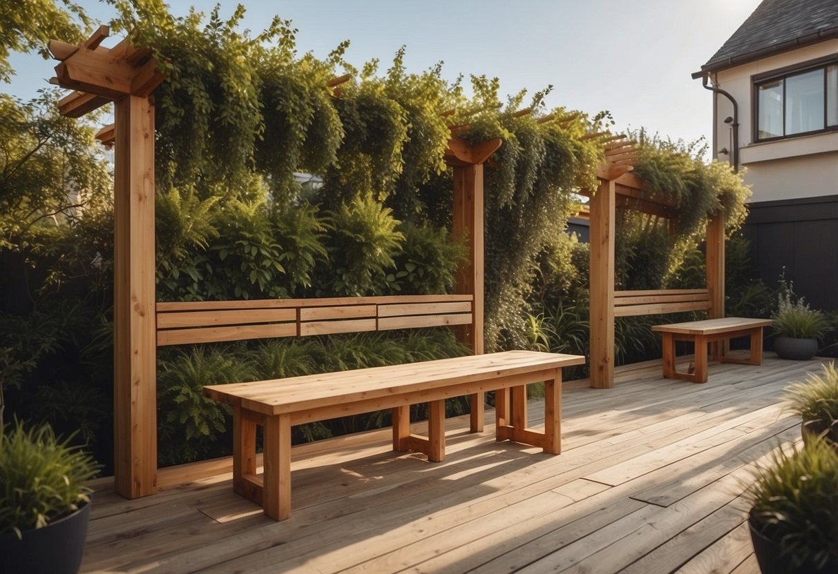 A wooden pergola with a vertical garden, minimalistic design, clean lines, and natural materials