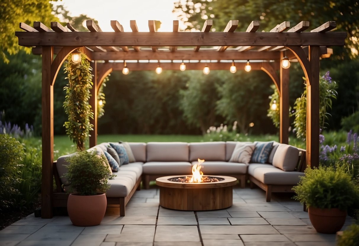 A wooden pergola stands in a lush garden, with an integrated fire pit in the center, surrounded by comfortable seating and soft lighting