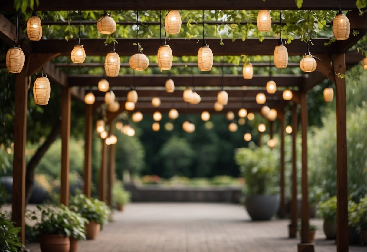 A wooden pergola adorned with hanging lanterns in a lush garden setting