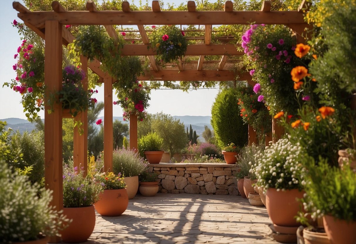 A wooden pergola stands in a Mediterranean garden, adorned with terra cotta pots filled with vibrant flowers and greenery