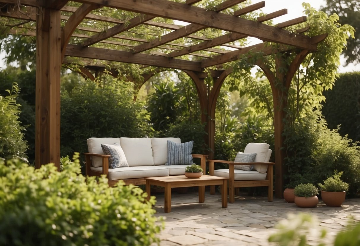 A wooden pergola stands in a lush garden, providing shade and a cozy outdoor space. Vines climb the structure, and comfortable seating invites relaxation