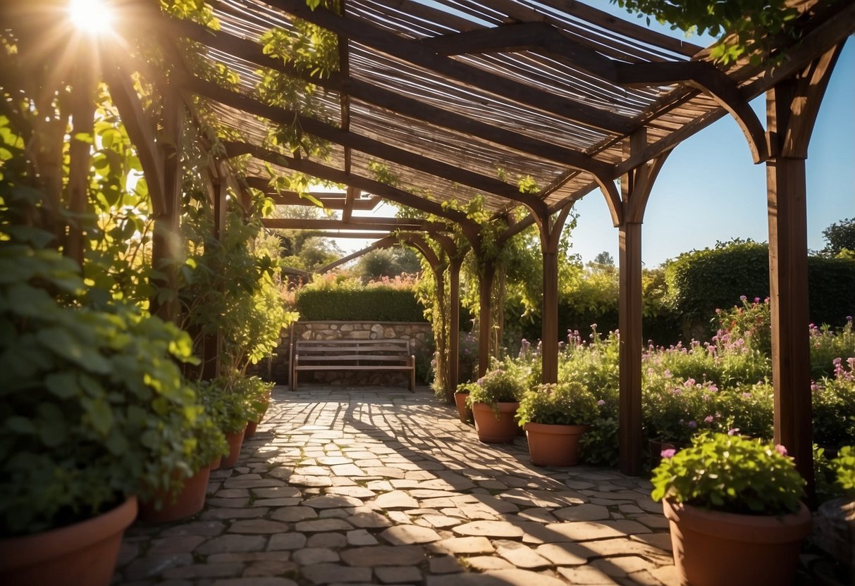 A wooden pergola stands in a lush garden, adorned with climbing vines and flowers. The sun filters through the slatted roof, casting dappled shadows on the ground