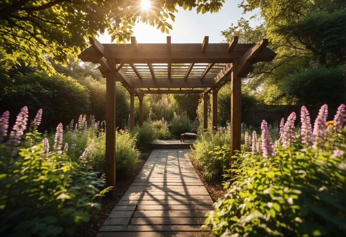 A wooden pergola stands in a lush garden, surrounded by blooming flowers and greenery. The sun shines down on the sturdy structure, showcasing its natural beauty