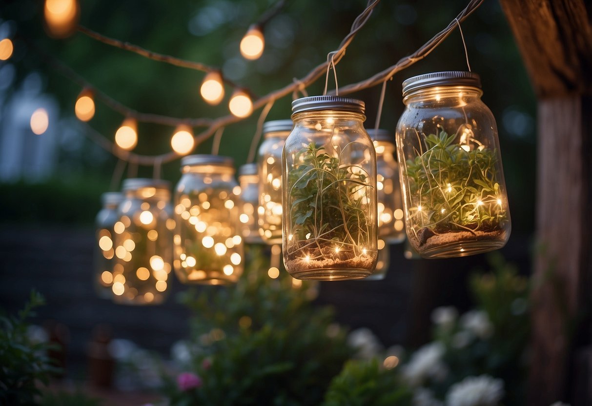 A backyard filled with hanging jars filled with twinkling fairy lights, creating a magical and enchanting atmosphere for an 11-year-old's garden party