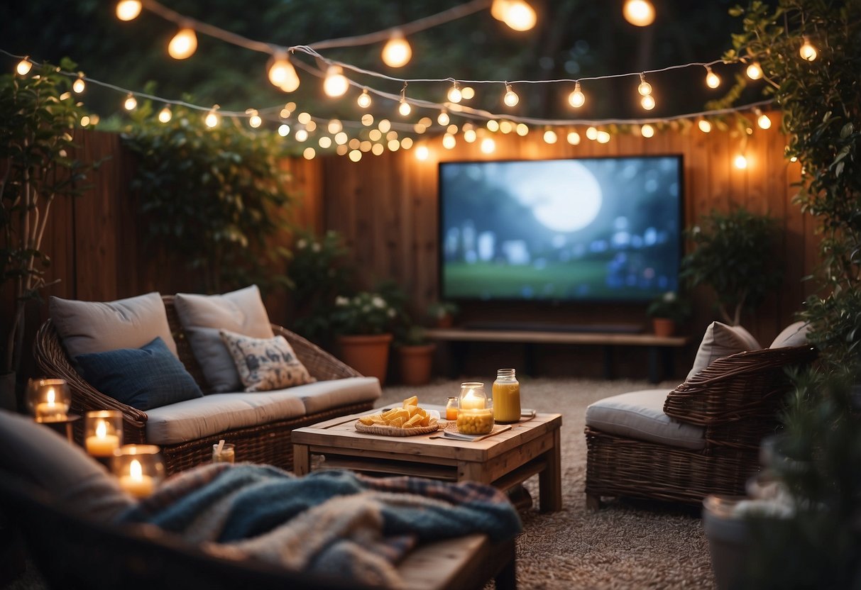 A cozy garden with twinkling string lights, colorful blankets and cushions, a large screen set up for a movie, and a table filled with popcorn, snacks, and drinks