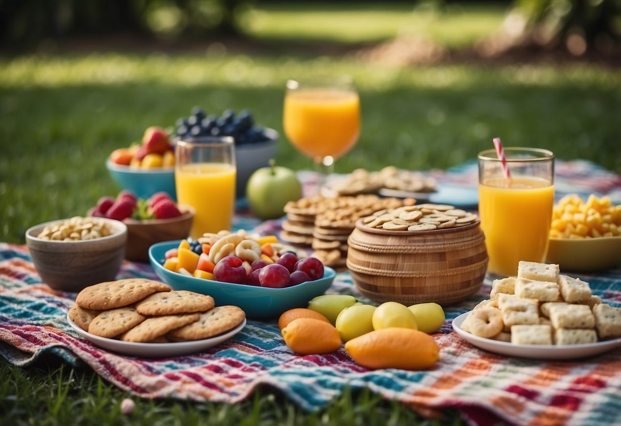 A colorful picnic blanket spread with a variety of snacks, drinks, and party decorations, surrounded by a lush garden setting, ready for an 11-year-old's birthday celebration