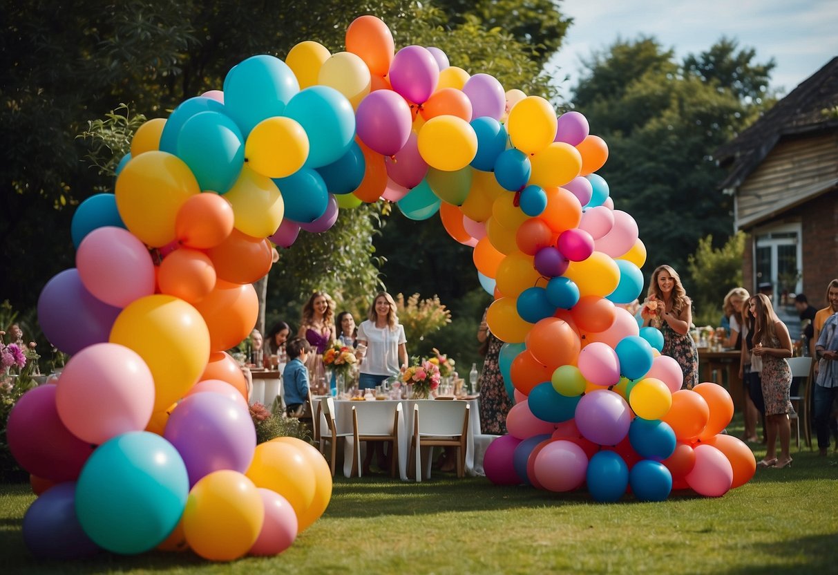 A vibrant balloon arch frames a garden party, with an array of colors and sizes creating a festive atmosphere for 11-year-olds