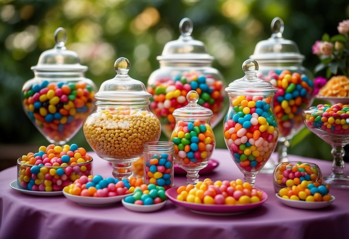 A colorful candy buffet table adorned with jars of sweets, lollipops, and gumballs, set against a backdrop of vibrant garden flowers and greenery