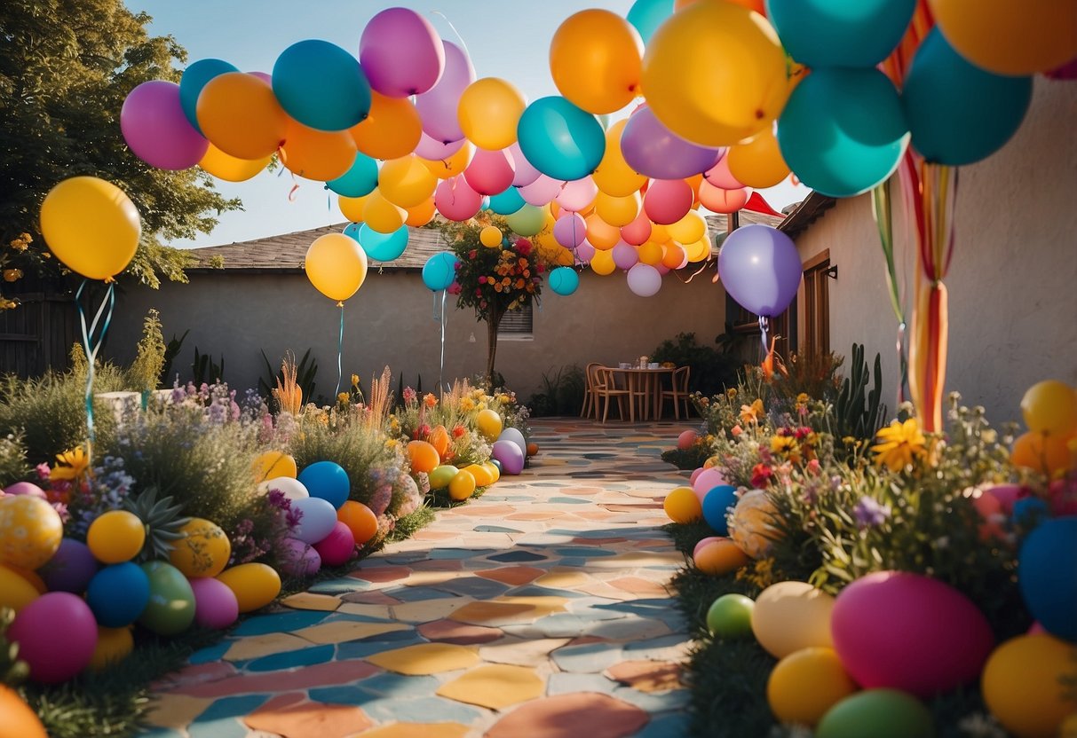 A colorful garden with rocks painted in bright patterns, surrounded by balloons and streamers for an 11-year-old's party