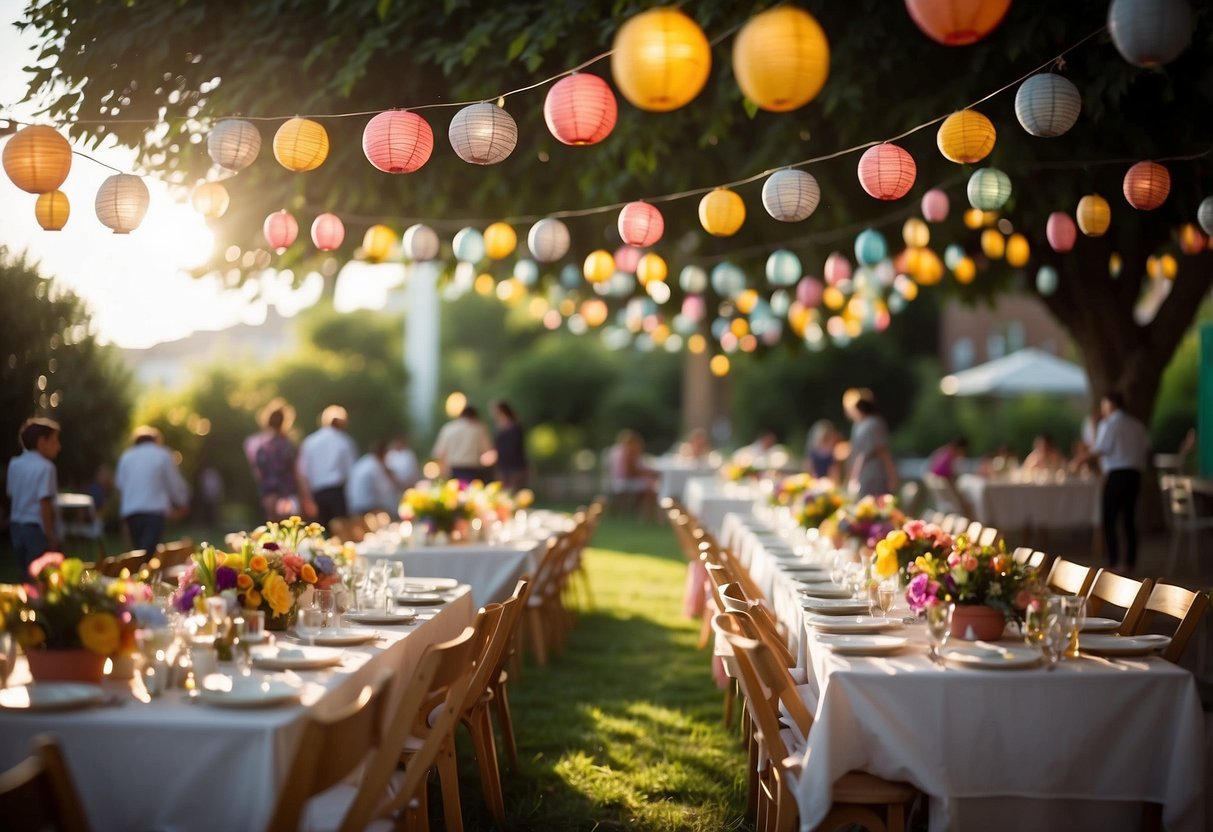 A colorful garden filled with fairy lights, paper lanterns, and whimsical decorations. Tables adorned with floral centerpieces and vibrant tablecloths. Children playing games and enjoying treats in the sunshine