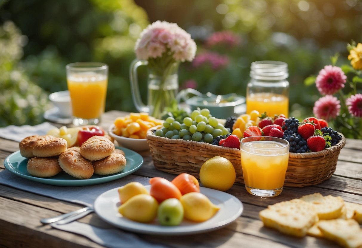 A colorful garden scene with a picnic table set with a variety of kid-friendly foods and drinks, surrounded by vibrant flowers and greenery