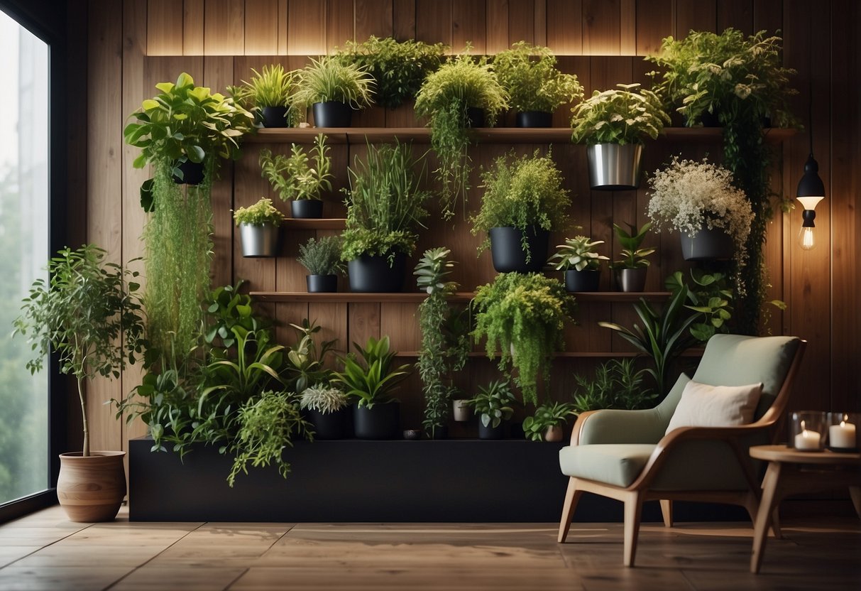 A vertical herb garden hangs on a wooden wall next to a relaxing lazy spa. Lush green plants cascade down the wall, creating a serene and inviting atmosphere