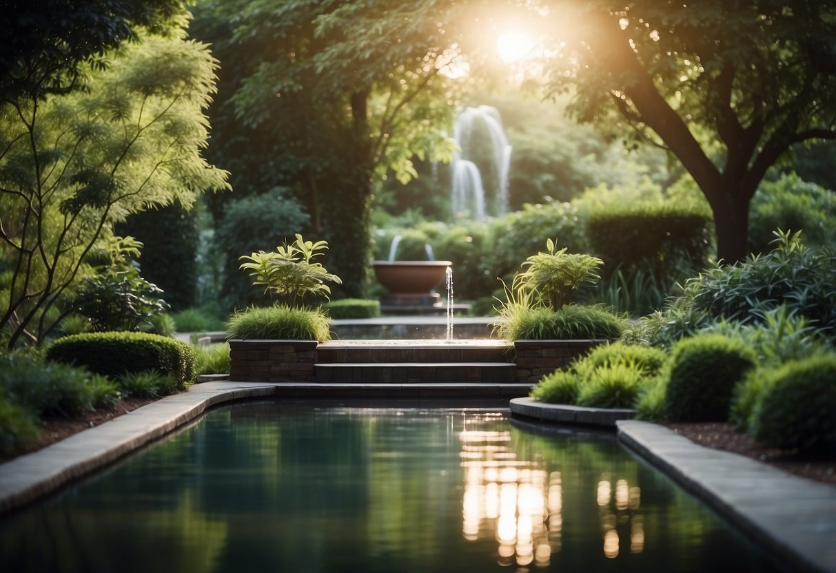 A serene garden with a floating water fountain surrounded by lush greenery and a lazy spa for relaxation