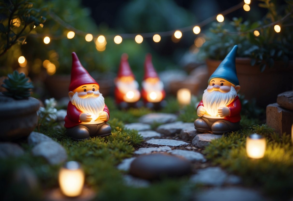 Garden gnomes with lights surround a lazy spa in a whimsical garden setting