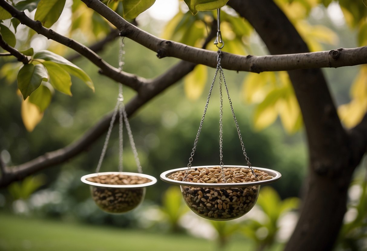 Bird feeders hang from tree branches in a lush garden, with a relaxing lazy spa in the background