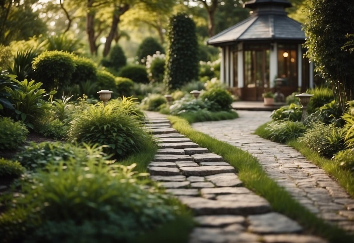 A stone pathway winds through a lush garden, leading to a relaxing lazy spa nestled among the greenery