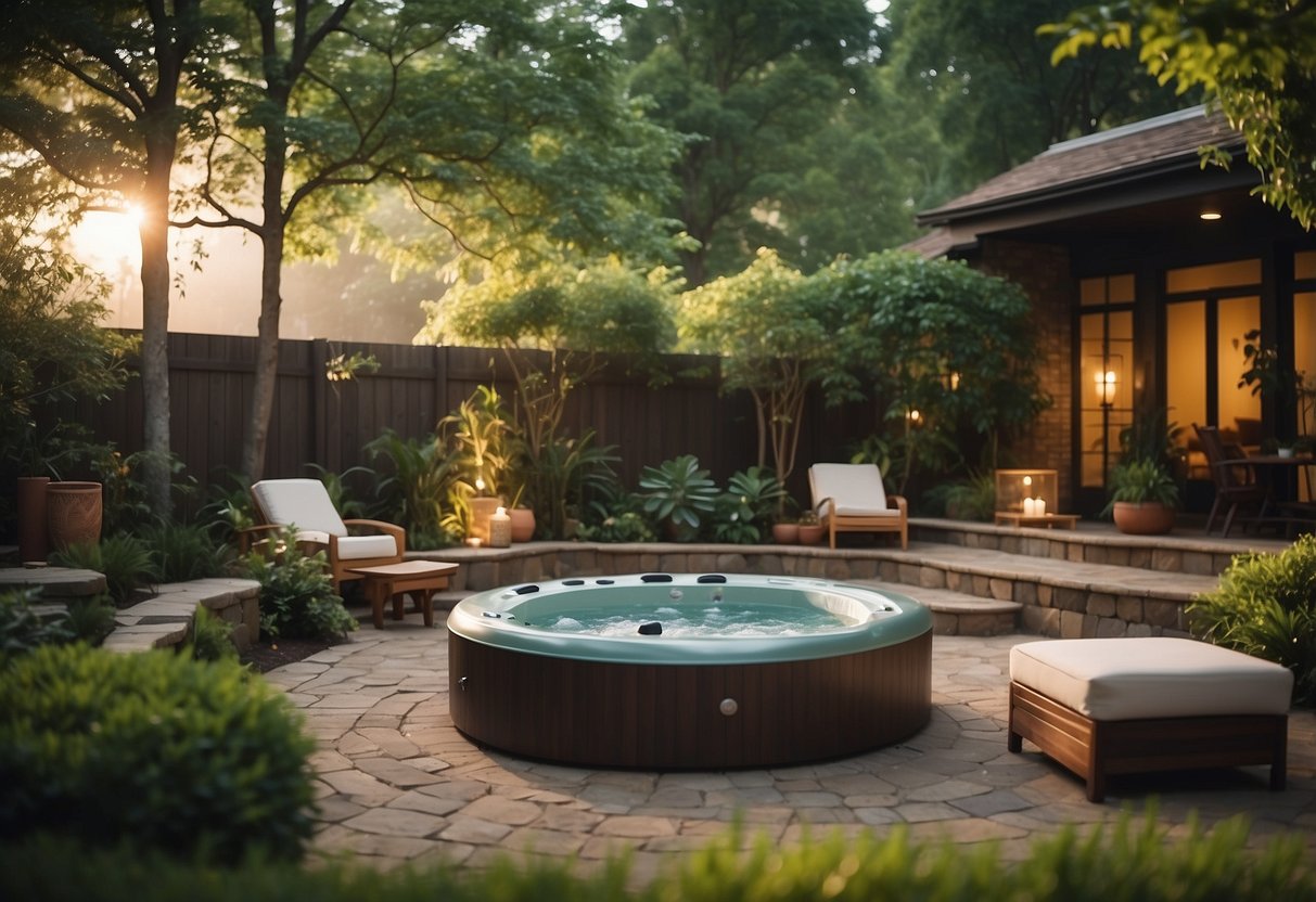 A serene backyard with a lazy spa nestled among lush greenery, surrounded by comfortable seating and soft lighting, creating an inviting oasis for relaxation and socializing