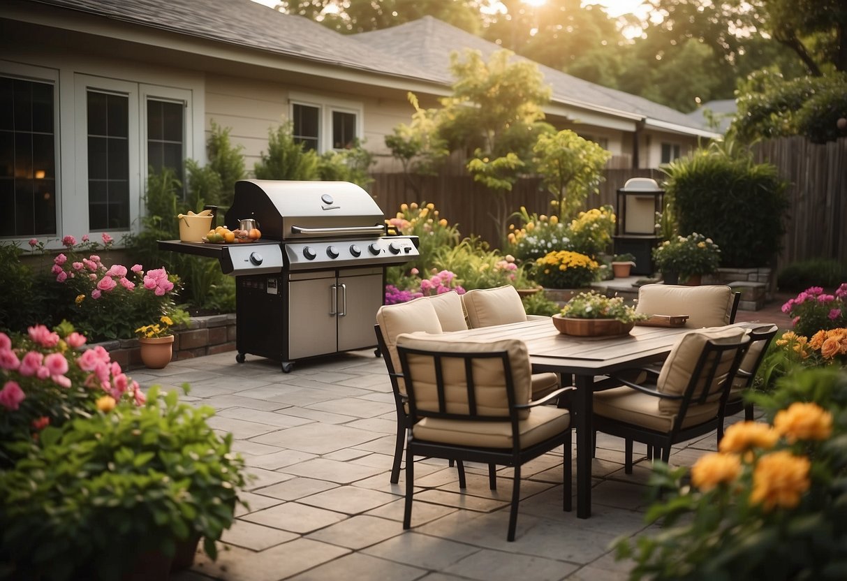 A backyard garden with a Char-Broil Big Easy grill surrounded by lush greenery and colorful flowers, with a cozy seating area nearby