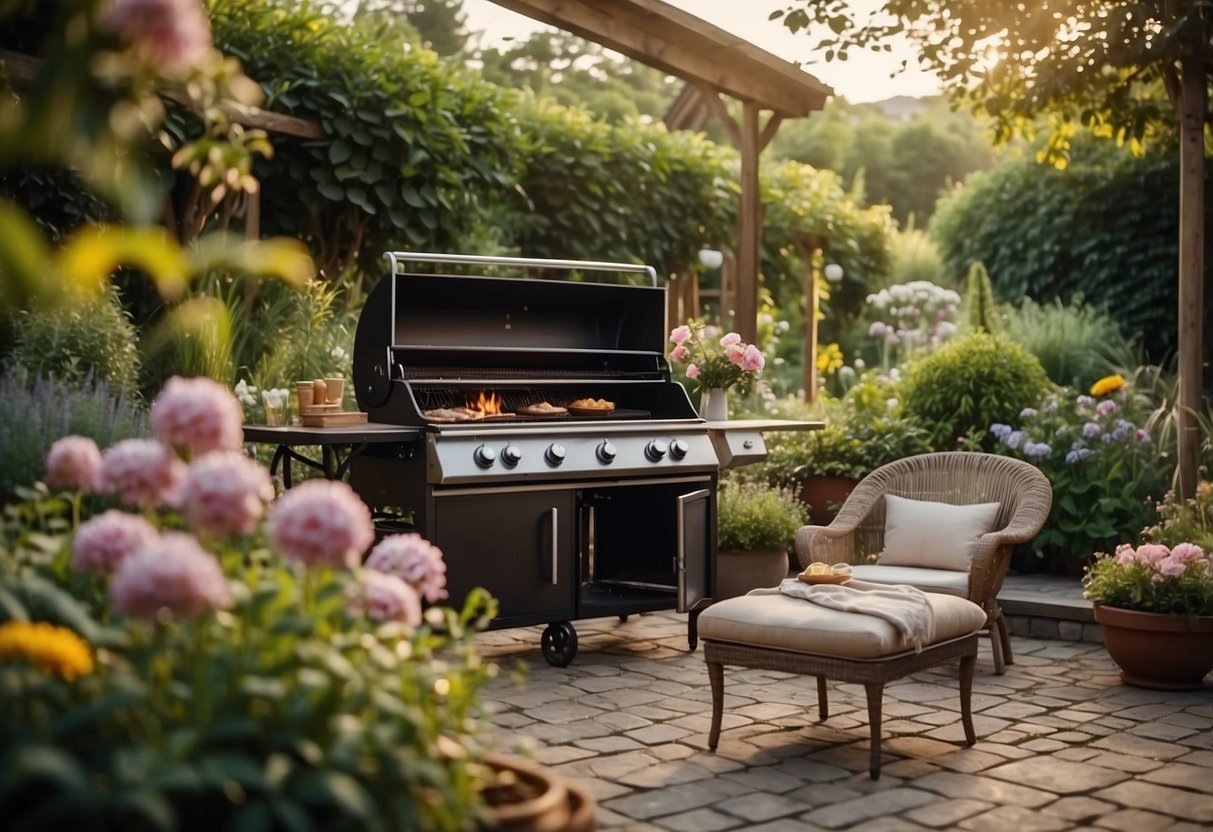 A lush garden with a rustic grill, surrounded by vibrant flowers and greenery, with a cozy seating area and a warm, inviting atmosphere