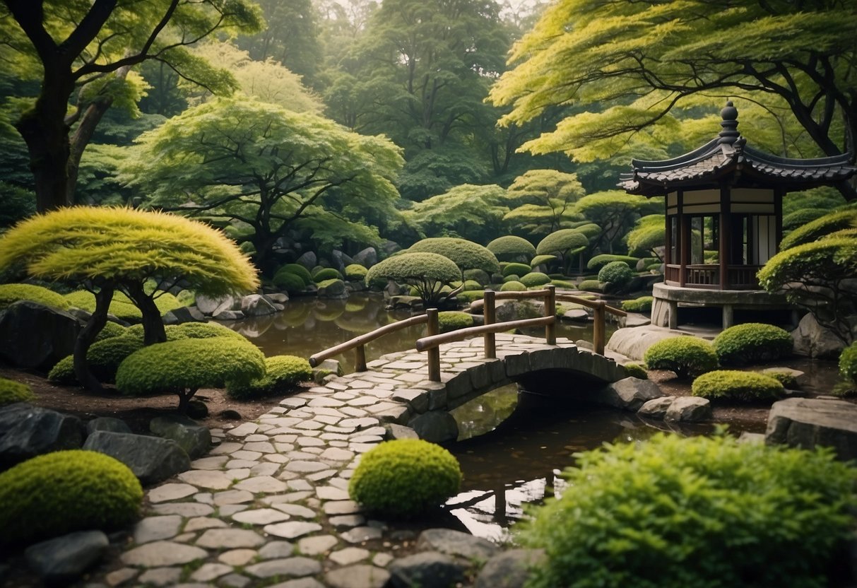 A serene Japanese garden with a winding stone path, a tranquil pond, and lush greenery arranged in a harmonious and balanced design