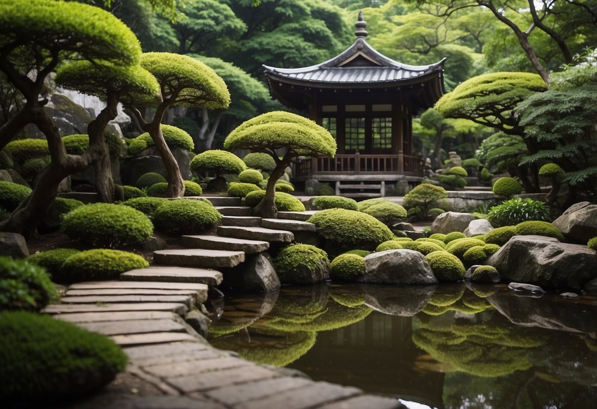 A serene Japanese tea garden with a winding stone path, lush greenery, a tranquil pond, and a traditional wooden tea house