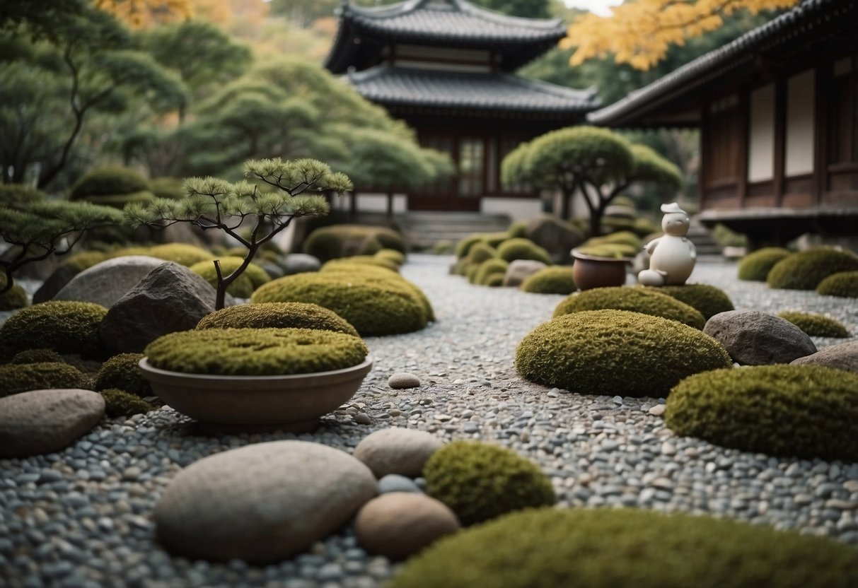 A serene Zen garden with carefully arranged ikebana displays and neatly raked gravel paths