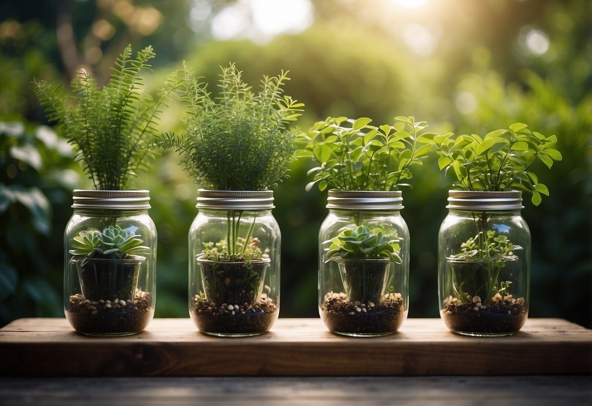 Three mason jar wall planters hang in a row, each filled with vibrant green plants. The jars are attached to a wooden board, creating a quirky and charming garden display