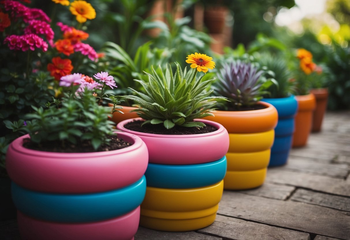 Colorful tire flower pots arranged in a whimsical garden setting, with vibrant plants spilling over the edges. A DIY project with a playful and creative atmosphere